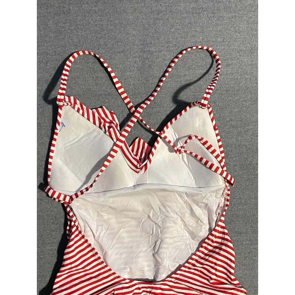 Red White Striped One Piece Swimsuit Ruffle Front Criss Cross Back Summer Swim - Picture 5 of 5